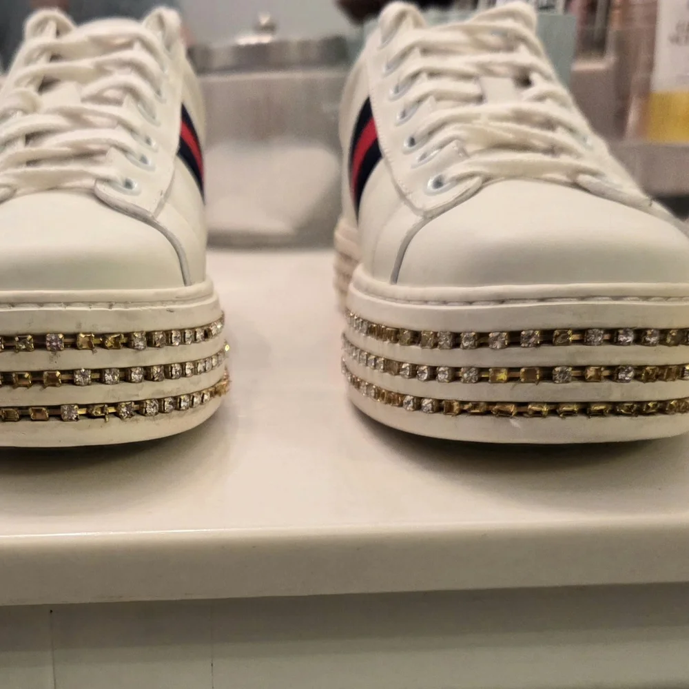 Gucci Women’s Ace Embellished Crystal White Sneakers 37 - Picture 7 of 9